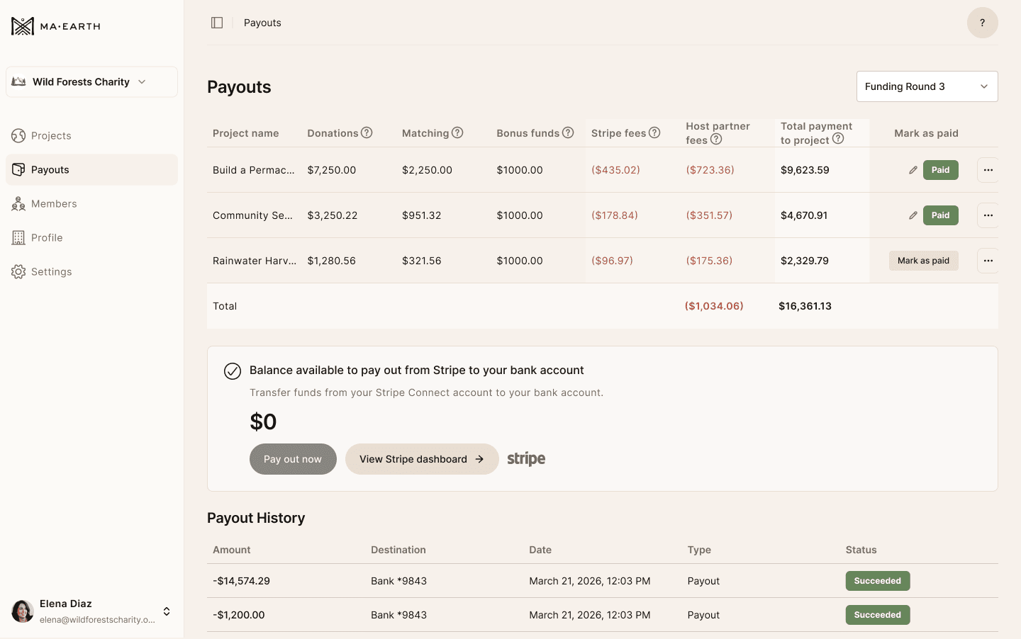 The host partner dashboard showing a payouts table and payout history
